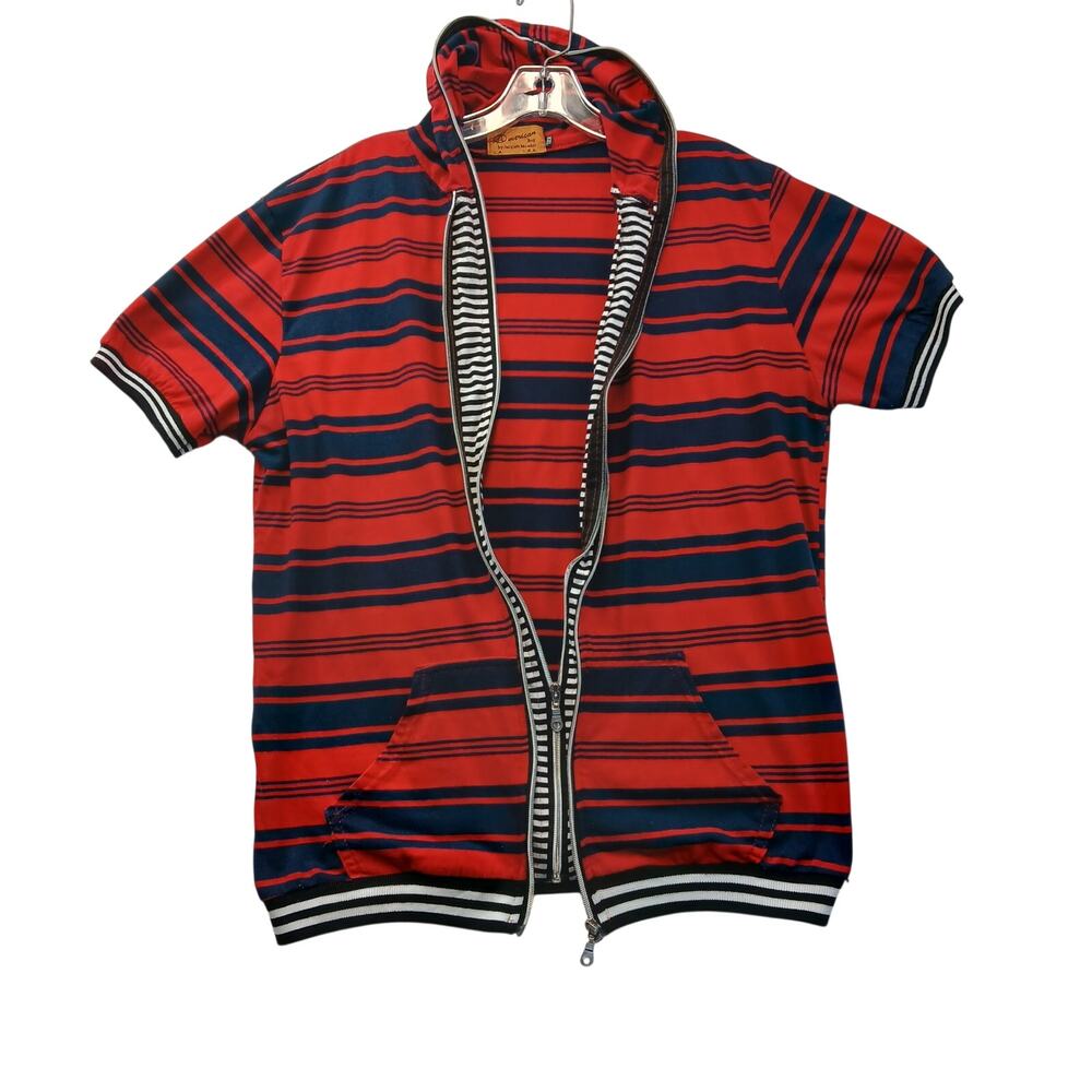 VTG 90s American Boy Jacques Moret Striped Short Sleeve Zip Hooded Vest XXL